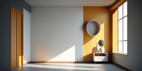 Vintage Seventies minimalist room, 3D render, negative space, copy space, afternoon natural light.