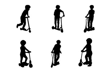 Set of silhouettes of children playing scooters vector design