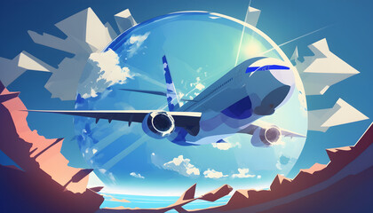 Plane illustration, travel, colorfull, landscape and sky in the background