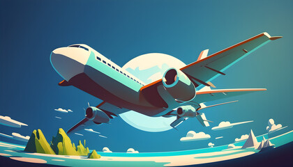 Naklejka premium Plane illustration, travel, colorfull, landscape and sky in the background