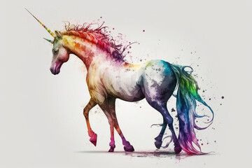 Obraz na płótnie Canvas Unicorn 3D with rainbow-colored mane and tail created with Generative AI technology