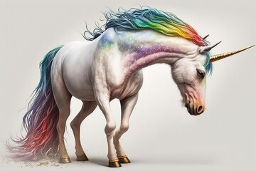 Obraz na płótnie Canvas Real Unicorn 3D with rainbow-colored mane and tail created with Generative AI technology