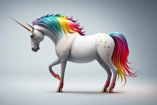 Real Unicorn 3D with rainbow-colored mane and tail created with Generative AI technology