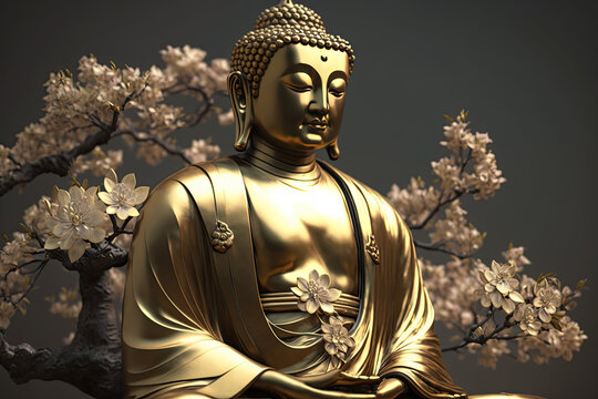 Gold Buddha statue with cherry blossom, generative AI