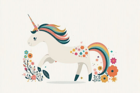 Unicorn illustration with rainbow-colored mane and tail created with Generative AI technology