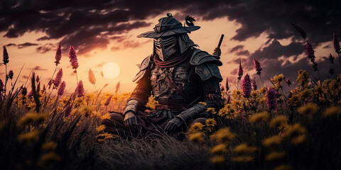 dark sunset over the field of flowers make from colorful grass chops, samurai with samurai helm and suit lying in the grass AI-Generated