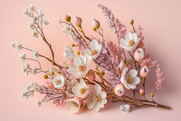Blooming Birch twigs bouquet on delicate pink background. Spring easter concept. Generated by AI