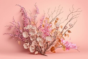 Blooming Birch twigs bouquet on delicate pink background. Spring easter concept. Generated by AI