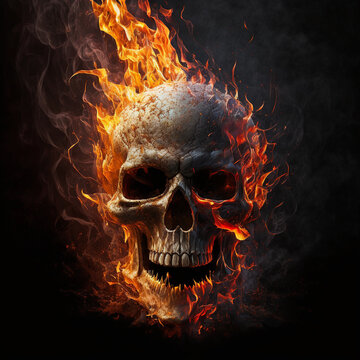 Skull in flame on a dark background, AI generated