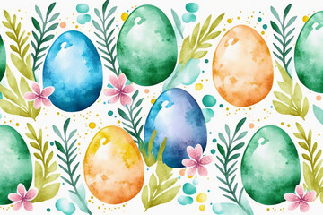 Fototapeta na wymiar Watercolor painting illustration of easter background with colorful eggs, AI generated