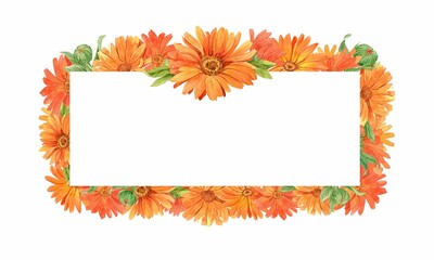 Watercolor floral frame. Bright orange calendula for design invitations, packaging. Summer design element. Watercolor illustration