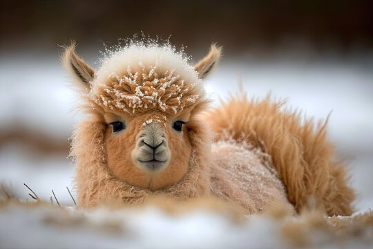 Baby alpacas, or cria, are especially cute in the winter because of their soft fur and cheerful expressions. Camelid from South America. Generative AI