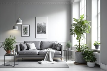 a grey sofa, a regular lamp, and a houseplant in a bright living room. Generative AI