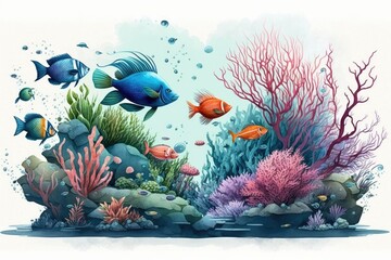 Fototapeta na wymiar Coral reefs, sea anemone gardens, and tropical fish. Imagination in watercolor. Generative AI
