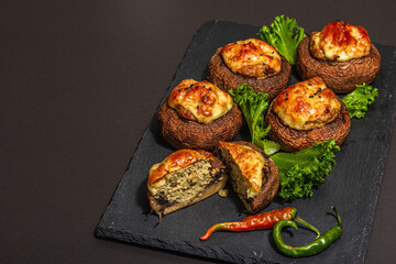 Baked stuffed mushroom caps ready for eating. Champignons, spices, vegetables, cheese