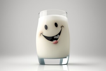 A funny glass of milk with a happy face. cartoon character.