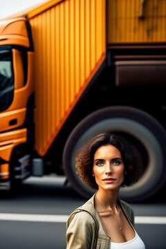Femme moderne devant un gros camion orange en ia g&eacute;n&eacute;rative