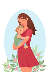 Mother holds her little daughter in her arms.Young woman embraces child surrounded by flowers. Mothers Day greeting card template.