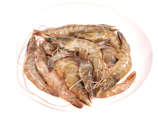 Fresh shrimp or prawn on white plate, Raw prawns on white background PNG File.