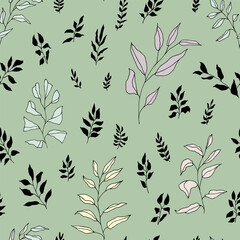 Vector seamless pattern. Green botanical elegant hand-drawn twigs digital paper. Bohemian style artistic branches repeat tile. Vintage elegant doodle herbal foliage fabric textile design