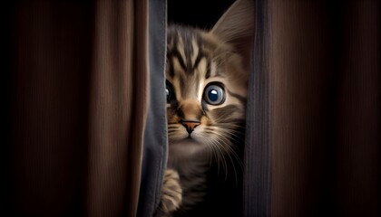 The image features a playful tabby kitten peeking out from behind a curtain, with one paw reaching out to playfully tease the viewer.