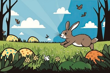 Rabbit hunting in the Springtime Field Hunting for Easter Eggs, Cartoon bunnies and honeybees frolicking in a field of grass. This spring or summer themed banner is perfect for adding your own text to