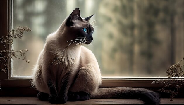 The image features a beautiful cat perched on a windowsill, gazing out at the world beyond. The cat eyes are focused intently on something outside, with a look of curiosity and interest on its face.