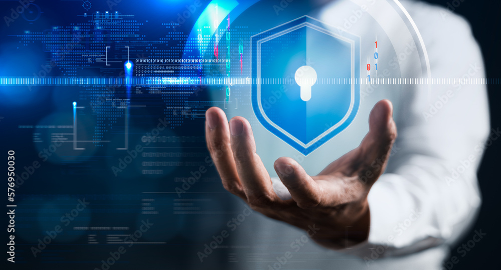 Aufkleber businessman use privacy to access the cyberspace with security shield lock to preventing data