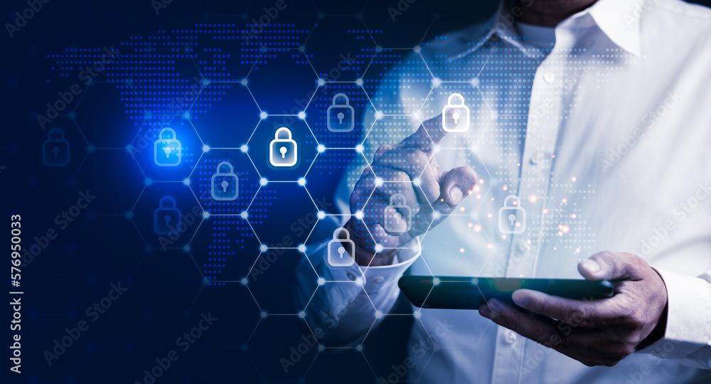Poster businessman access the cyberspace with privacy key lock to preventing digital data