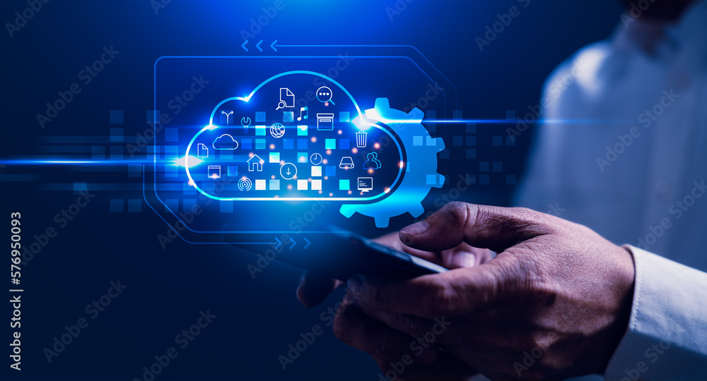 Poster businessman use mobile phone to access corporate digital data on cloud computing