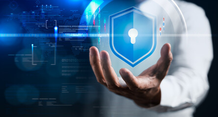 Businessman use privacy to access the cyberspace with security shield lock to preventing data