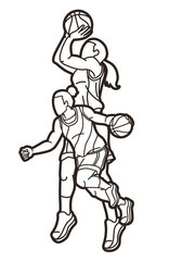 Fototapeta na wymiar Group of Basketball Female Players Action Cartoon Sport Graphic Vector