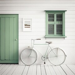 Fototapeta na wymiar Bicycle: white, wood, wall, house, deck, door, green, window, old, exterior, outdoor, light, empty, blank, nobody, no people, photorealistic, illustration, Gen. AI