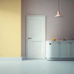 Door: color, minimalistic, interior, home, white, yellow, pink, kitchen, light, empty, blank, nobody, no people, photorealistic, illustration, Gen. AI