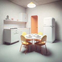 Kitchen with a dining table: minimalistic, retro, interior, white, white, orange, color, light, furniture, tableware, empty, blank, nobody, no people, photorealistic, illustration, Gen. AI