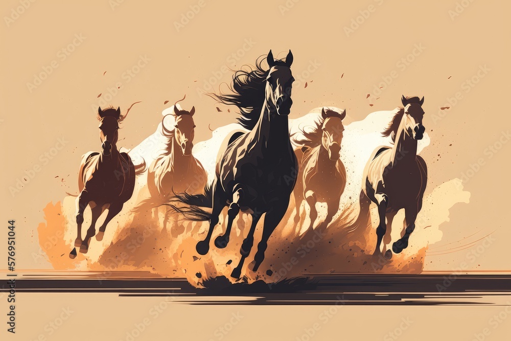 Poster a group of horses running through the dust. generative ai