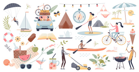 Summer set with hot weather or holiday season elements tiny person collection set, transparent background. Beach vacation and outdoor activities isolated items.
