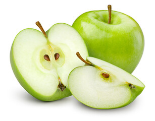 Green apple isolated. Whole, half and apple slice on white background. Green apples with clipping path. Full depth of field.