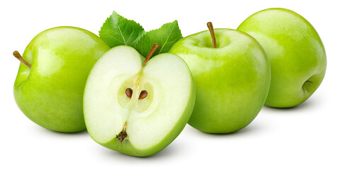 Green apple isolated. Whole apples with half and leaves on white background. Green apple with leaf horizontal composition. Full depth of field.