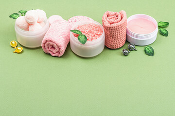 Concept of spa treatment. Natural cosmetics, healthy selfcare. Trendy set, traditional ingredients