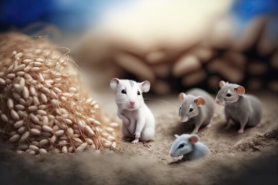 Baby little rats and a female brown rat are the selective focus of this agricultural scene. Generative AI