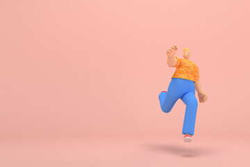 The woman with golden hair tied in a bun wearing blue corduroy pants and Orange T-shirt with white stripes.  She is doing exercise. 3d rendering of cartoon character in acting.