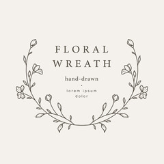 Elegant circle floral frame. Hand drawn logo template in line art with flowers. Vintage botanical wreath. Vector illustration for labels, branding business identity, wedding invitation
