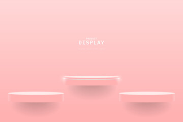 Obraz na płótnie Canvas Pink minimal wall scene with set of pink realistic 3d cylinder podium floating or hanging on the wall. design for product display presentation or mockup. 3d vector rendering