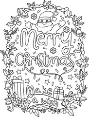 Merry Christmas, make a wish with Santa Claus, gift, and flower elements. Hand-drawn lines. Doodles art for greeting cards, invitations, or posters. Coloring book for adults and kids.
