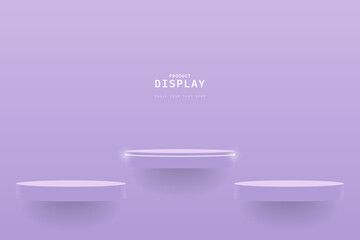Obraz na płótnie Canvas Purple minimal wall scene with set of purple realistic 3d cylinder podium floating or hanging on the wall. design for product display presentation or mockup. vector rendering