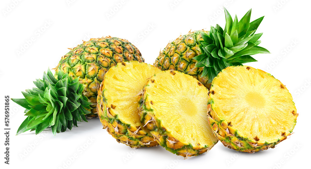 Wall mural Pineapple isolated. Pineapple with leaves on white background. Whole pineapples with round slices. Composition isolate on white. - Wall murals