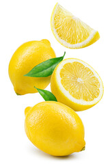 Lemon fruit isolate. Lemon whole, half, slice, leaf on white. Falling lemon slices with leaves. Flying fruit. Full depth of field. - 576951852