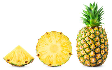 Pineapple isolated. Pineapple set on white background. Whole pineapple, round slice and triangle piece collection. - obrazy, fototapety, plakaty