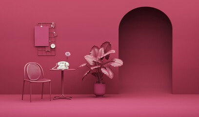 Creative interior design in viva magenta studio with vintage phone, plant pot and chair, book, clock. Trend colour year 2023 in the room.3d render	